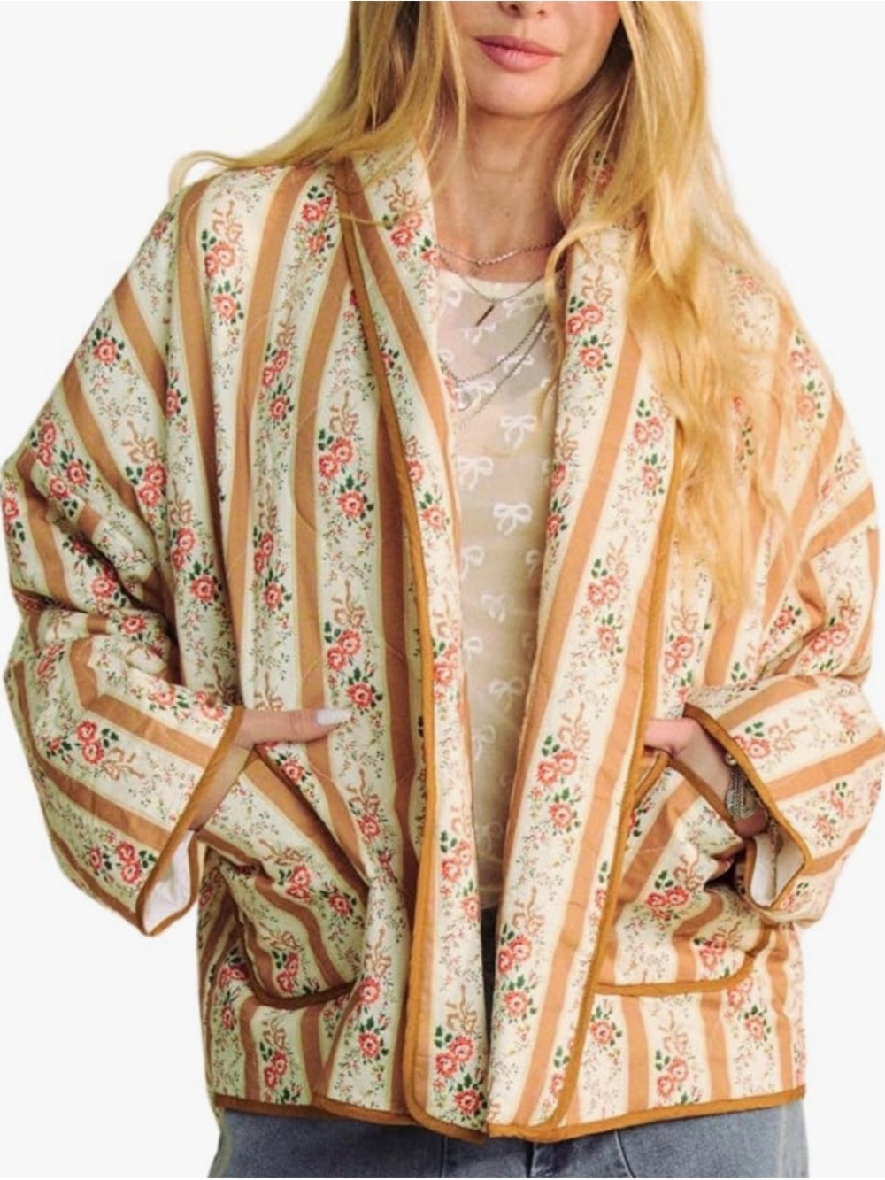 Floral Stripe Open Kimono Jacket in Cream and Tan